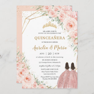 Quinceañera Soft Blush Floral Rozen Flowers Twins Kaart