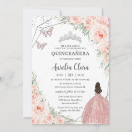 Quinceañera Soft Blush Floral Rozen Silver Crown Kaart