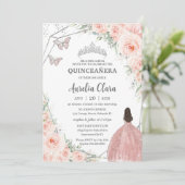 Quinceañera Soft Blush Floral Rozen Silver Crown Kaart (Staand voorkant)