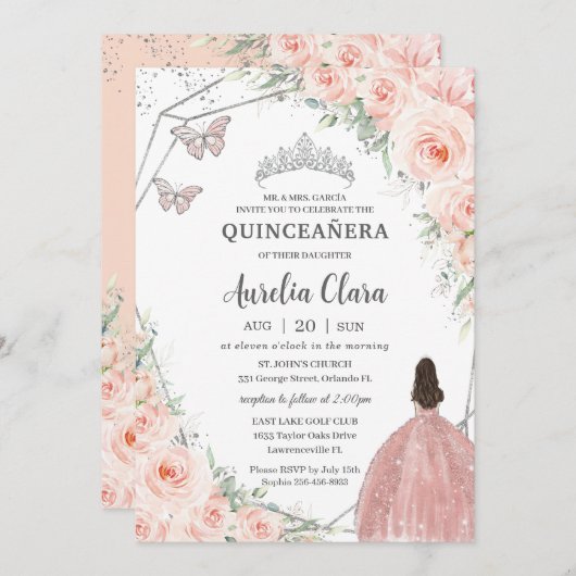 Quinceañera Soft Blush Floral Rozen Silver Crown Kaart (Voorkant / Achterkant)