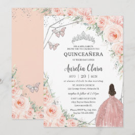 Quinceañera Soft Blush Floral Rozen Silver Crown Kaart