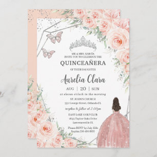 Quinceañera Soft Blush Floral Rozen Silver Crown Kaart