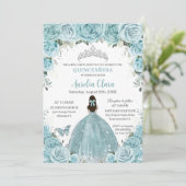 Quinceañera Soft Turquoise Floral Silver Crown Kaart (Staand voorkant)