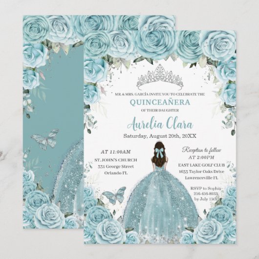 Quinceañera Soft Turquoise Floral Silver Crown Kaart (Voorkant / Achterkant)