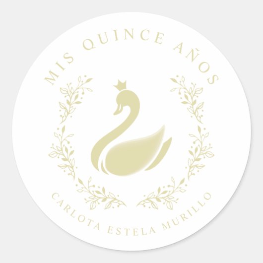 Quinceañera Spaans Geel & Goud Romantische Zwaan Ronde Sticker (Voorkant)