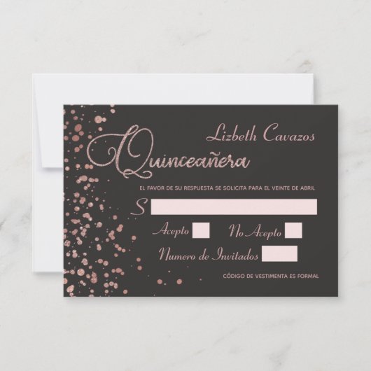 Quinceanera Spanish Response Kaart, Roos Gold RSVP Kaart (Voorkant)