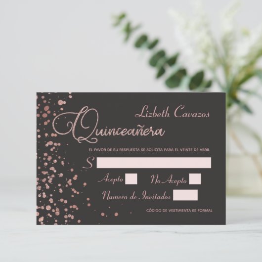 Quinceanera Spanish Response Kaart, Roos Gold RSVP Kaart (Staand voorkant)