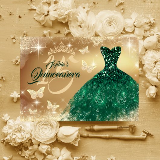 Quinceanera Sparkle Gold Emerald Jurk Kaart