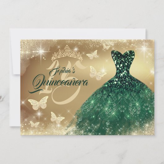 Quinceanera Sparkle Gold Emerald Jurk Kaart (Voorkant)
