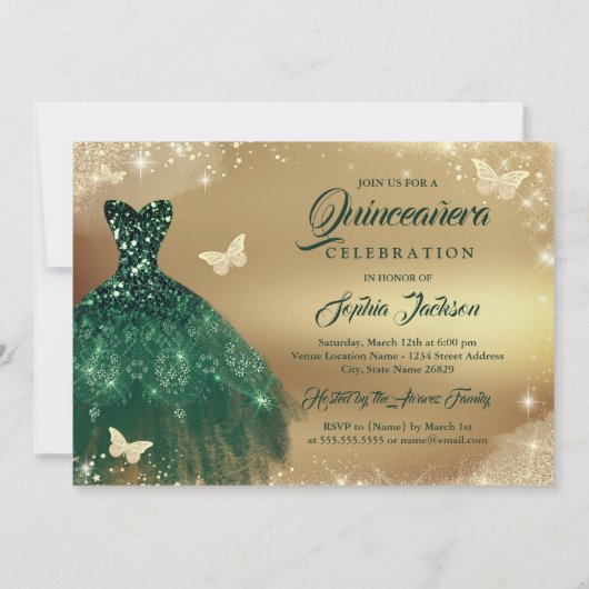 Quinceanera Sparkle Gold Emerald Jurk Kaart (Achterkant)
