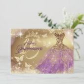 Quinceanera Sparkle Gold Paarse jurk Kaart (Staand voorkant)