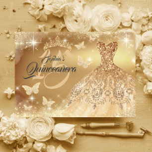 Quinceanera Sparkle Gold Vlinder Jurk Kaart