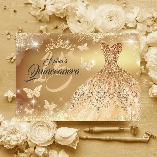 Quinceanera Sparkle Gold Vlinder Jurk Kaart
