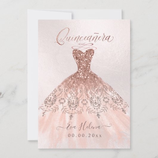 Quinceañera, Sparkle Gown, Faux Roos Gouden kaarte Kaart (Voorkant)