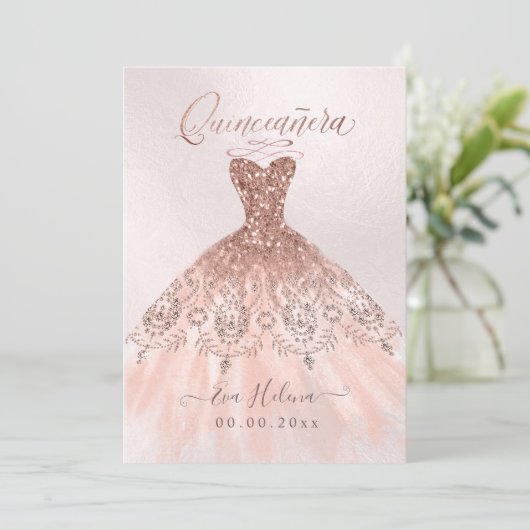 Quinceañera, Sparkle Gown, Faux Roos Gouden kaarte Kaart (Staand voorkant)