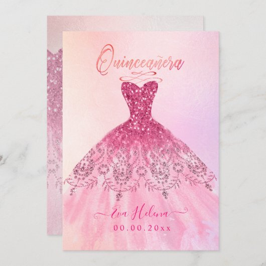 Quinceañera, Sparkle Gown, Roze Cherry Ombre Kaart (Voorkant / Achterkant)