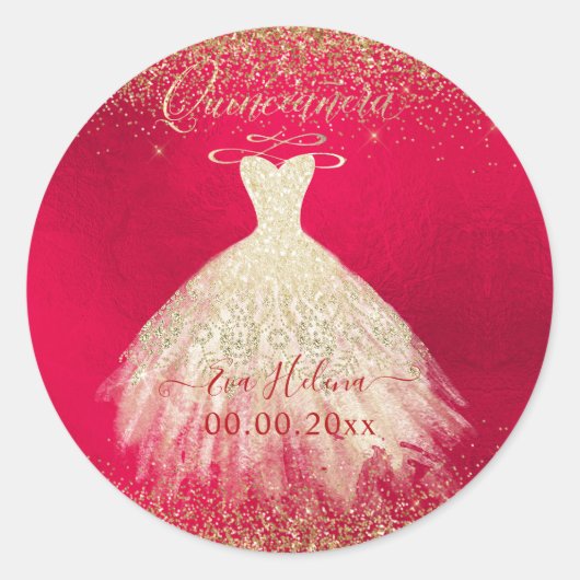 Quinceañera, Sparkle+Shimmering Gown, Faux Gold Ronde Sticker (Voorkant)