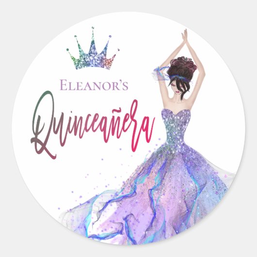 Quinceanera Sparkly Crown Glam Dancer Lila Ronde Sticker (Voorkant)