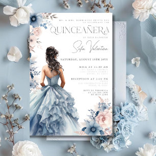 Quinceañera Stofblauwe Jurk Roze Bloem Bruine Hare Kaart