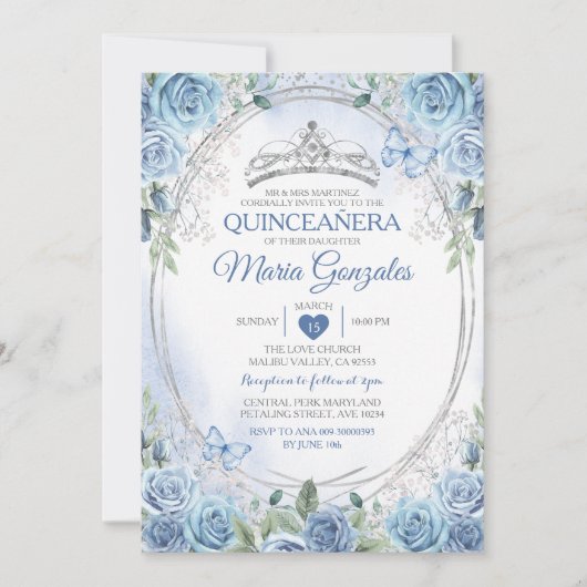 Quinceañera Stoffig Blauw & Zilveren Kroonvlinder Kaart (Voorkant)