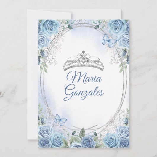 Quinceañera Stoffig Blauw & Zilveren Kroonvlinder Kaart (Achterkant)