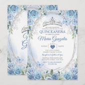 Quinceañera Stoffig Blauw & Zilveren Kroonvlinder Kaart (Voorkant / Achterkant)