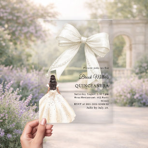 Quinceanera strik ivoren jurk crèmekleurig luxe acryl uitnodigingen