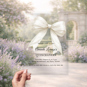 Quinceanera strik met ivoorkleurige parels elegant acryl uitnodigingen