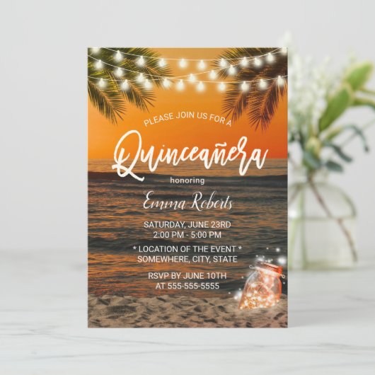 Quinceanera Summer Sunset Beach Glow Mason Jar Kaart (Staand voorkant)