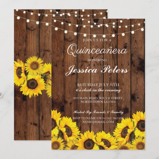 Quinceanera Sunflower Wood licht Rustic Invite 15 Kaart (Voorkant / Achterkant)