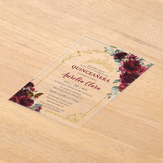 Quinceanera Sweet 15 16 Burgundy Floral Gold Arch Acryl Uitnodigingen (Laagn)