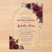 Quinceanera Sweet 15 16 Burgundy Floral Gold Arch Acryl Uitnodigingen (Voorkant)