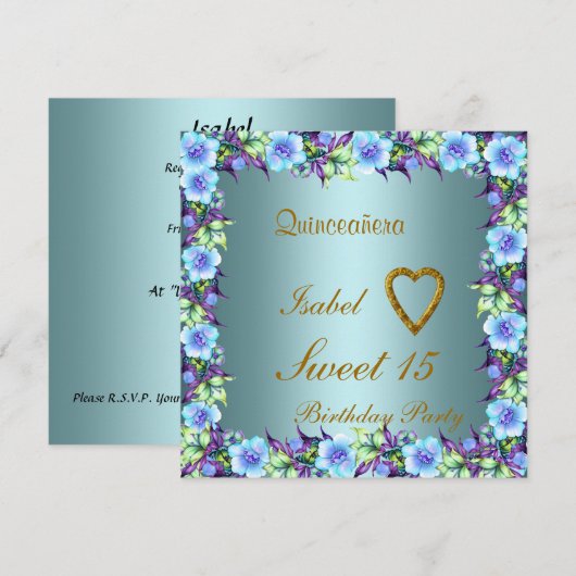 Quinceanera Sweet 15 Blauwgroen uitnodiging (Voorkant / Achterkant)