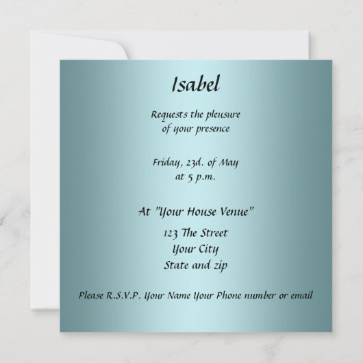 Quinceanera Sweet 15 Blauwgroen uitnodiging (Achterkant)