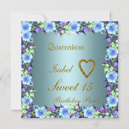 Quinceanera Sweet 15 Blauwgroen uitnodiging (Voorkant)