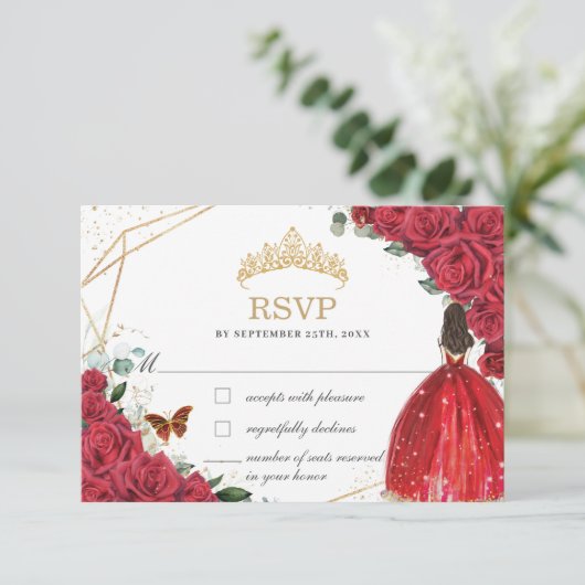 Quinceañera Sweet 16 15 Birthday Red Roses Floral RSVP Kaartje (Staand voorkant)