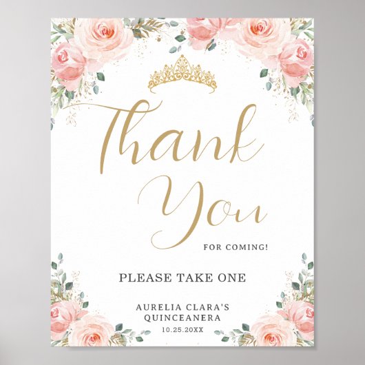 Quinceañera Sweet 16 Blush Pink Floral Dank u Poster (Voorkant)
