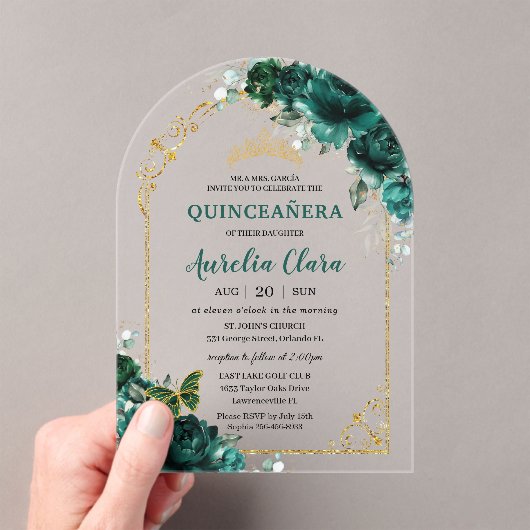 Quinceañera Sweet 16 Emerald Green Floral Gold Acryl Uitnodigingen (Insitu (Draagbaar))