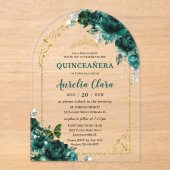 Quinceañera Sweet 16 Emerald Green Floral Gold Acryl Uitnodigingen (Voorkant)