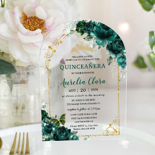 Quinceañera Sweet 16 Emerald Green Floral Gold Acryl Uitnodigingen