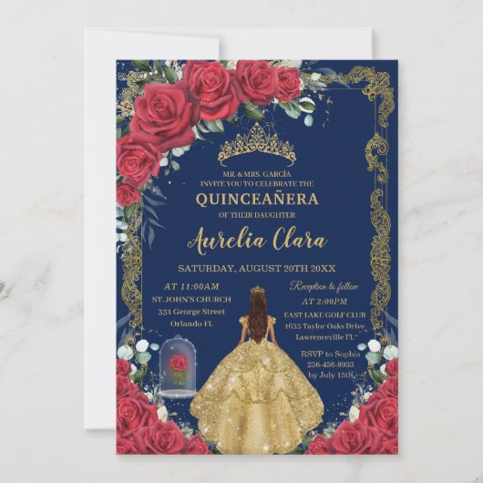 Quinceañera Sweet 16 Enchanted Red Rose Navy Blauw Kaart (Voorkant)