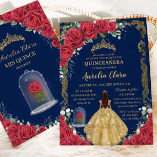 Quinceañera Sweet 16 Enchanted Red Rose Navy Blauw Kaart