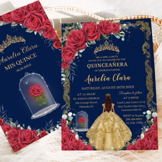 Quinceañera Sweet 16 Enchanted Red Rose Navy Blauw Kaart