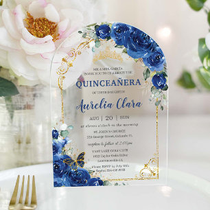 Quinceañera Sweet 16 Koninklijk Blauwe Bloemboog Acryl Uitnodigingen