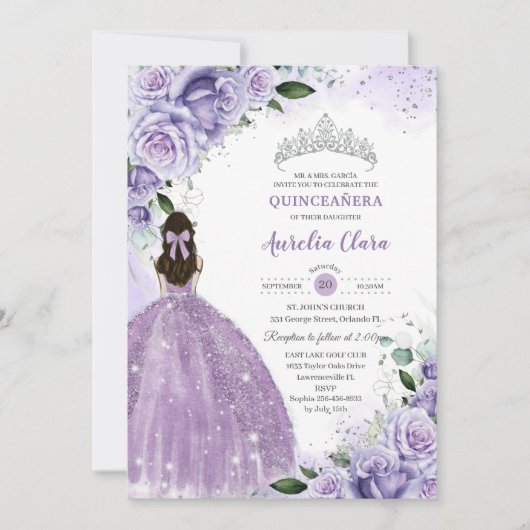 Quinceañera Sweet 16 Paarse Lavendel Bloemen Zilve Kaart (Voorkant)