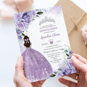 Quinceañera Sweet 16 Paarse Lavendel Bloemen Zilve Kaart