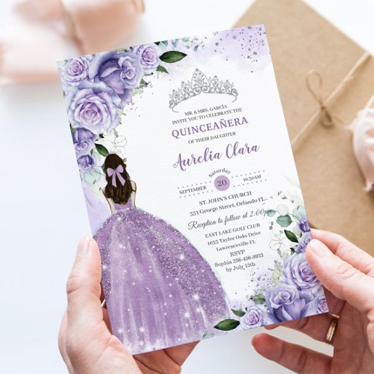 Quinceañera Sweet 16 Paarse Lavendel Bloemen Zilve Kaart