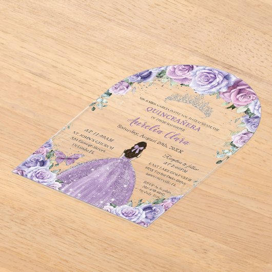 Quinceañera Sweet 16 Paarse Lila Bloemen Gown Arch Acryl Uitnodigingen (Laagn)