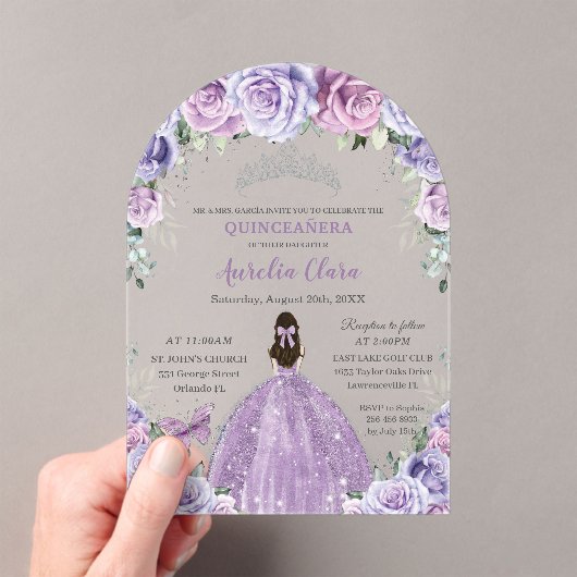 Quinceañera Sweet 16 Paarse Lila Bloemen Gown Arch Acryl Uitnodigingen (Insitu (Draagbaar))
