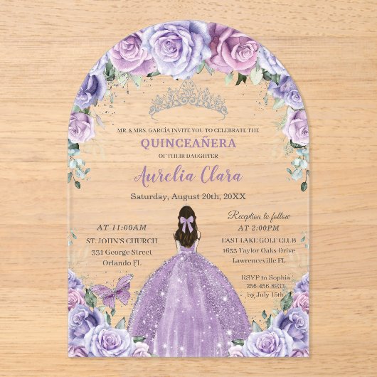 Quinceañera Sweet 16 Paarse Lila Bloemen Gown Arch Acryl Uitnodigingen (Voorkant)